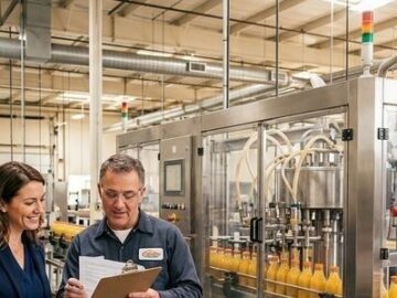 Medewerkers controleren een industriële bottellijn met flessen drank