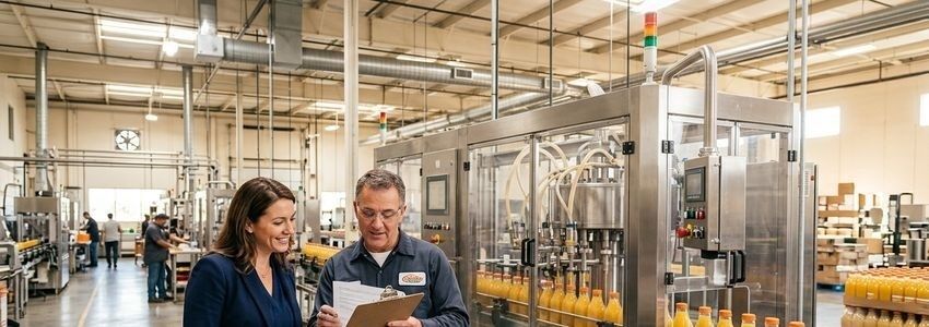 Medewerkers controleren een industriële bottellijn met flessen drank